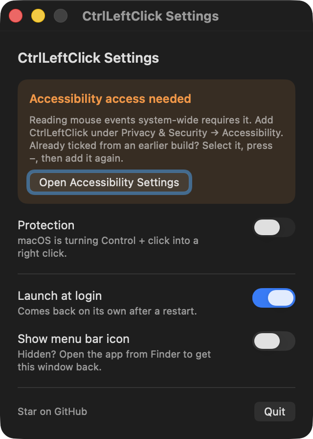 The CtrlLeftClick settings window asking for Accessibility access